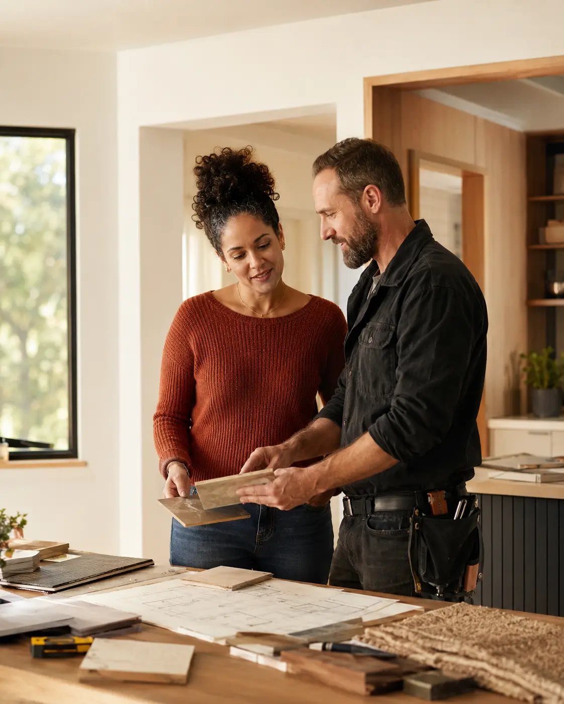 A homeowner and independent craft professional reviewing materials for a home project