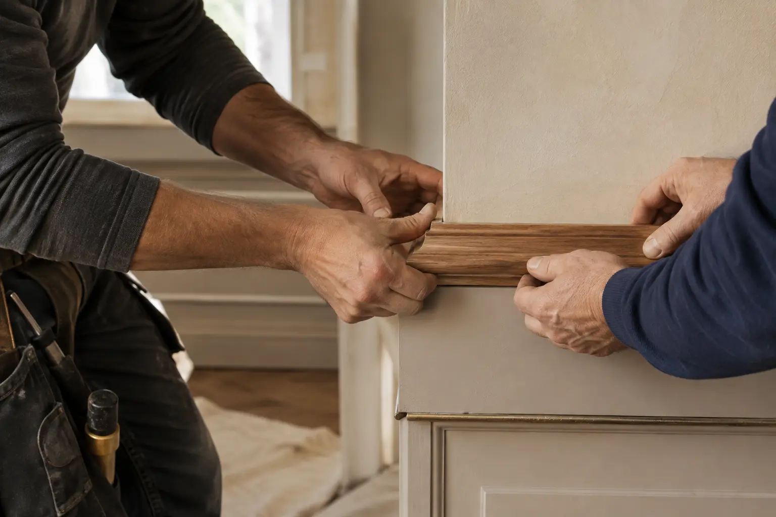 Independent tradespeople working together to align a finely finished wood detail