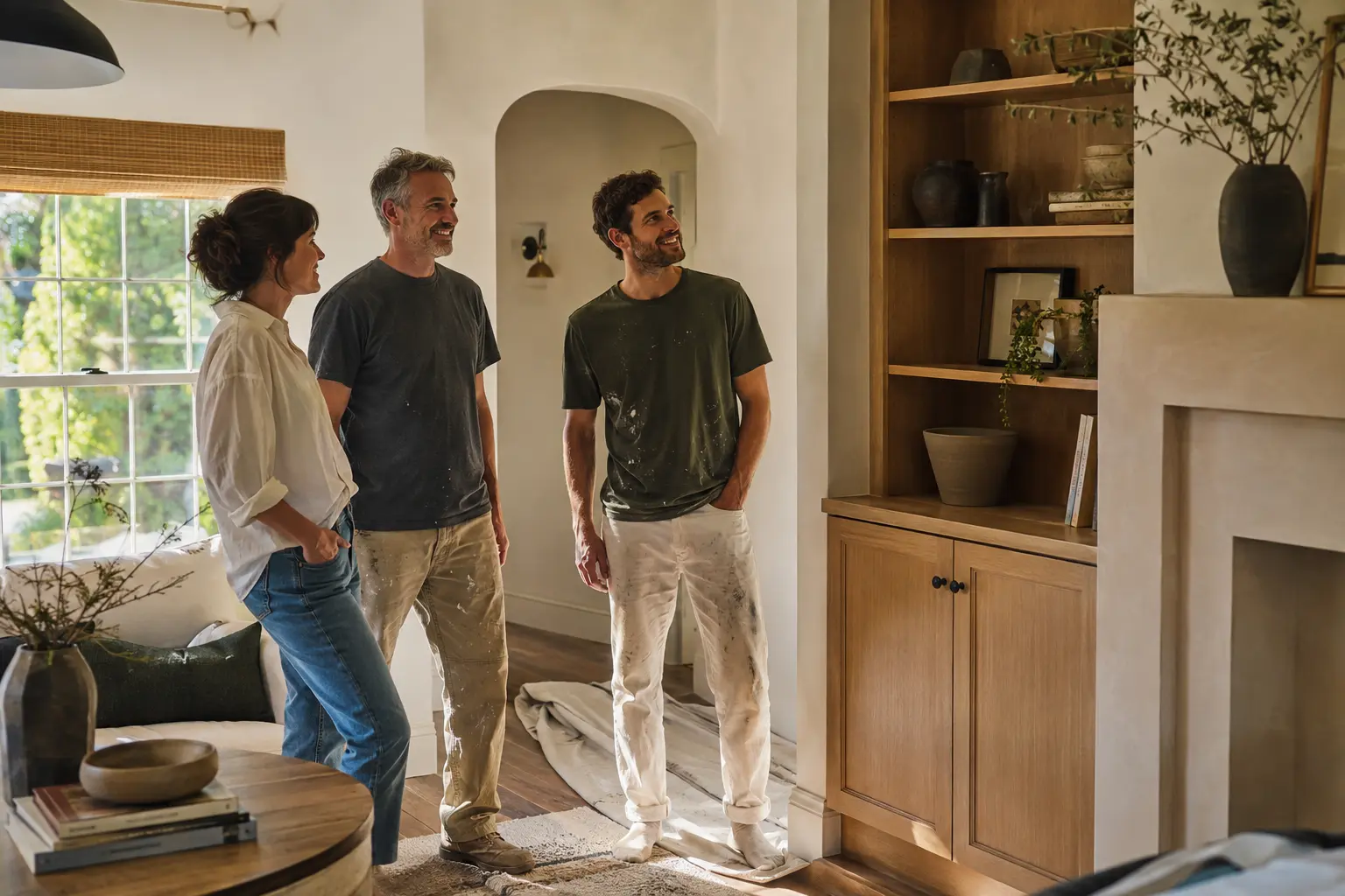 Independent craft professionals and a homeowner sharing the finished result of a home project