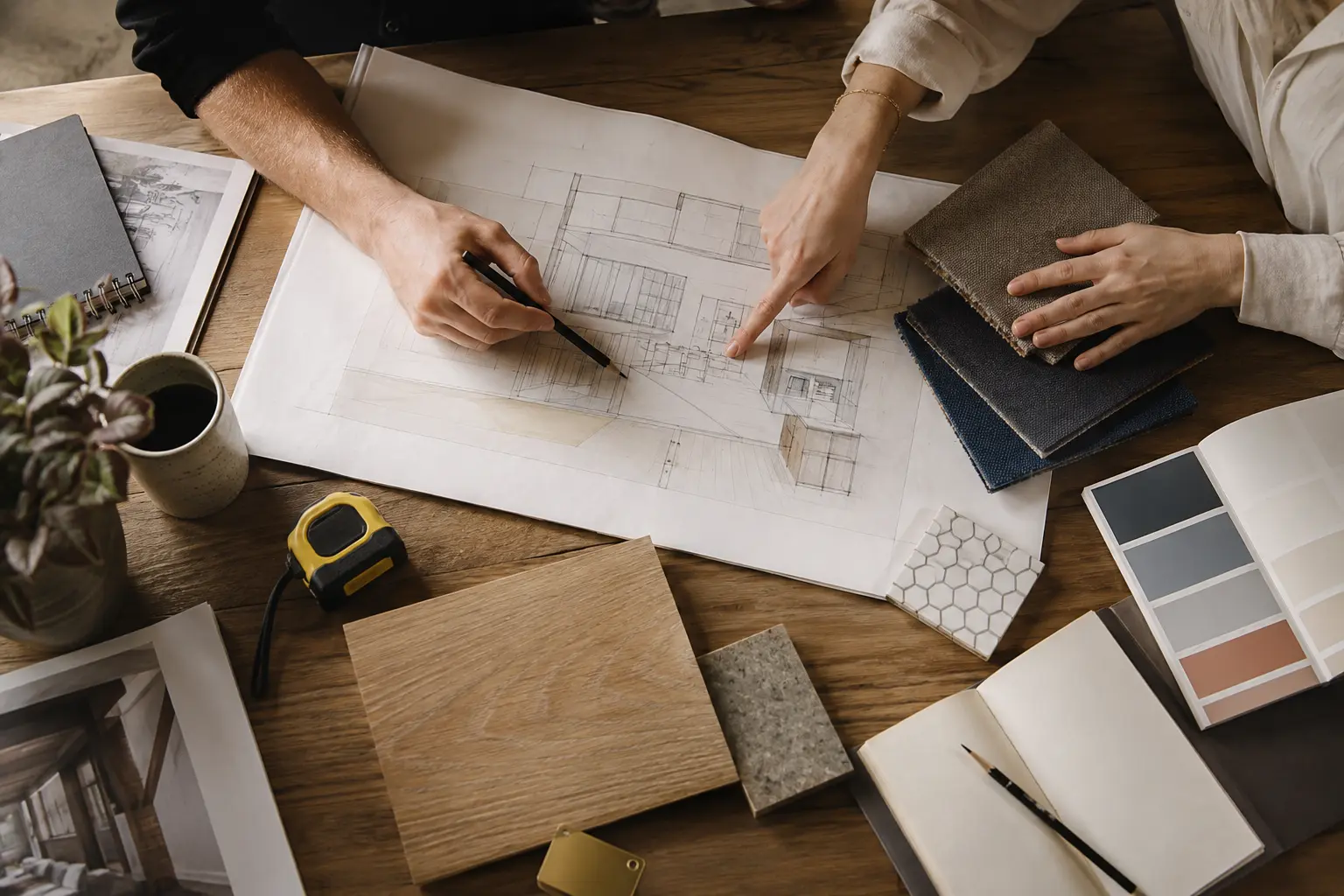 Hands reviewing residential project plans, finish samples, and measurements